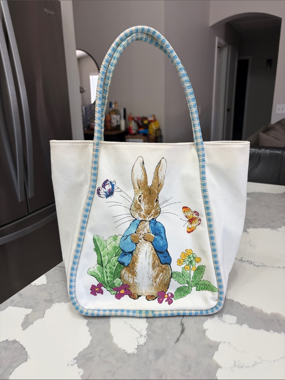 Beatrix Potter Peter Rabbit White & Checkered Baby Blue Bunny Canvas Tote Bag
